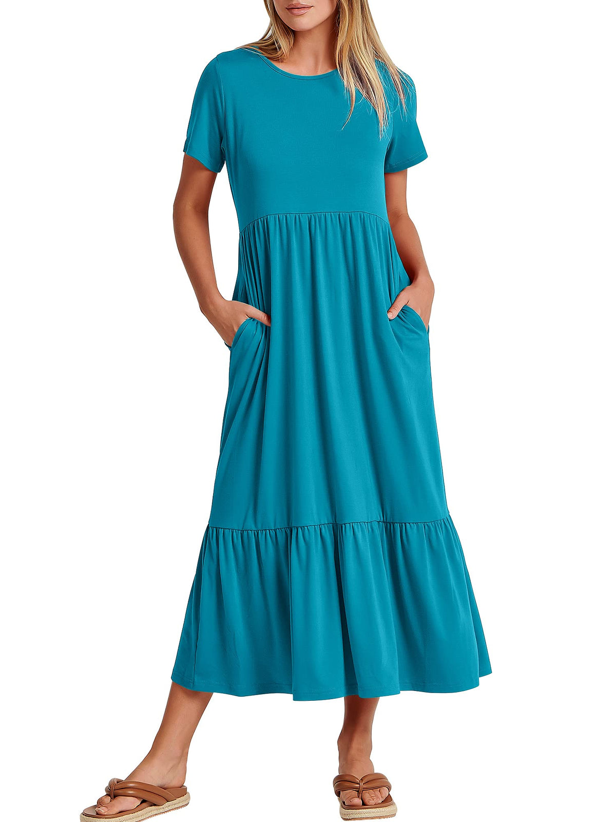 ANRABESS Womens 2026 Summer Casual Maxi Dress A line Tiered Flowy Short Sleeve Crewneck T Shirt Beach Travel Long Dresses
