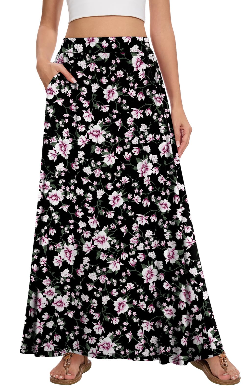 Womens Maxi A-line Long Skirt Casual 2026 Elastic High Waist Flowy Skirts with Pockets