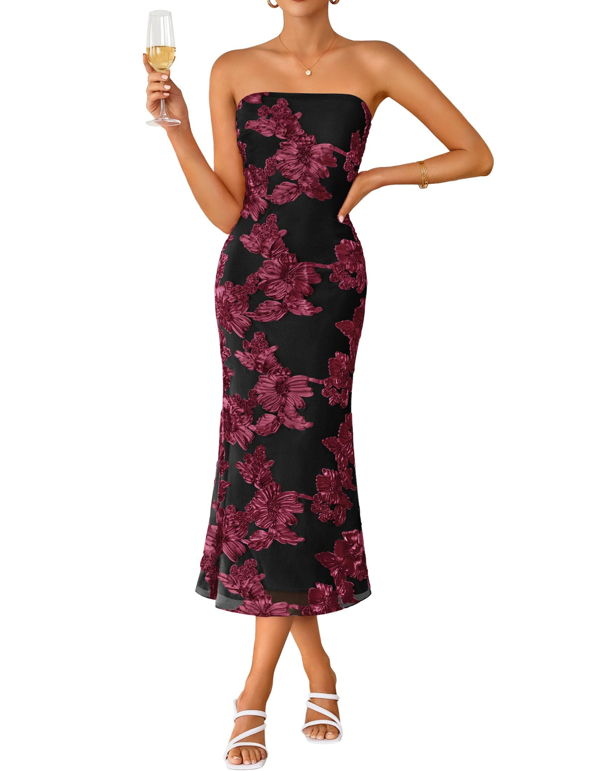 ZESICA Cocktail Wedding Guest Dresses for Women 2026 Summer Strapless Floral Bodycon Mesh Tube Formal Party Midi Dress