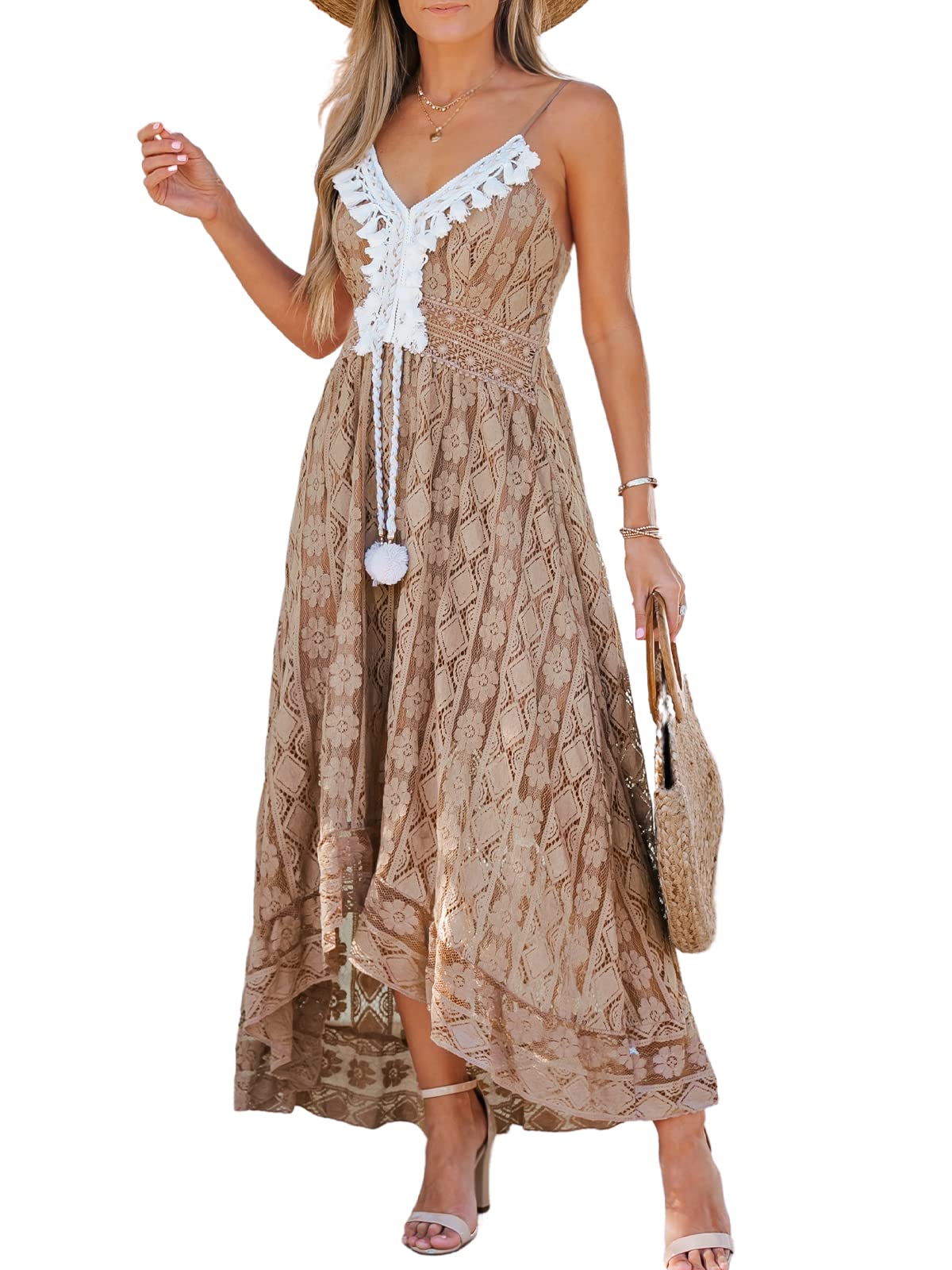 CUPSHE Maxi Summer Dress for Women Lace V Neck Sleeveless Sundress Boho Crochet Tassel Flowy Beach Vacation Graduation Dress