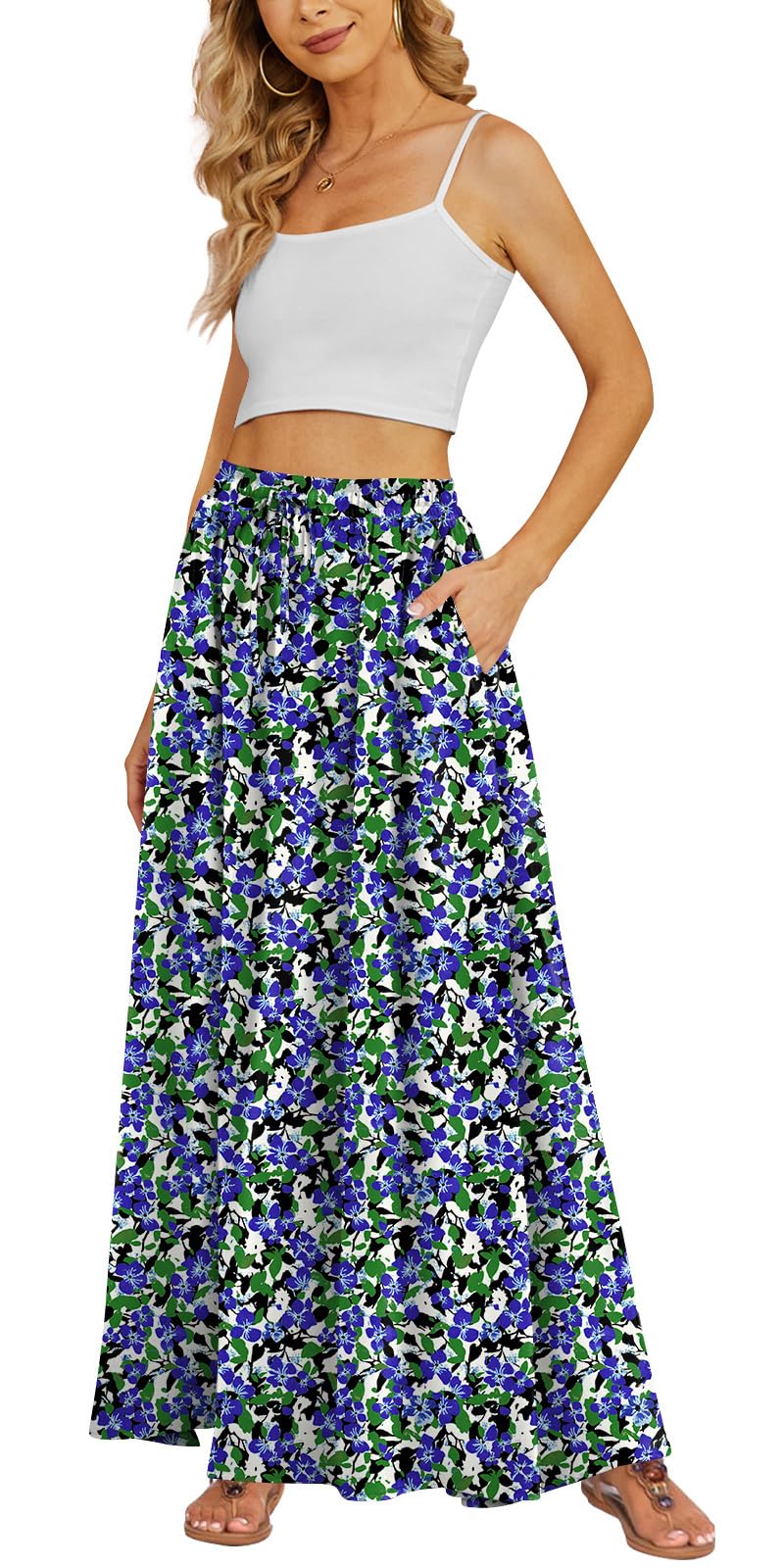 Yincro Women's Flowy Maxi Skirt Summer Pleated High Waisted Casual Long Skirts with Pockets