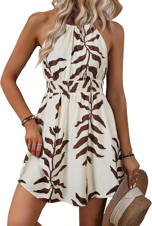 BLENCOT Womens Summer Beach Halter Neck Dresses Casual Smocked A Line Floral Mini Dress with Pockets