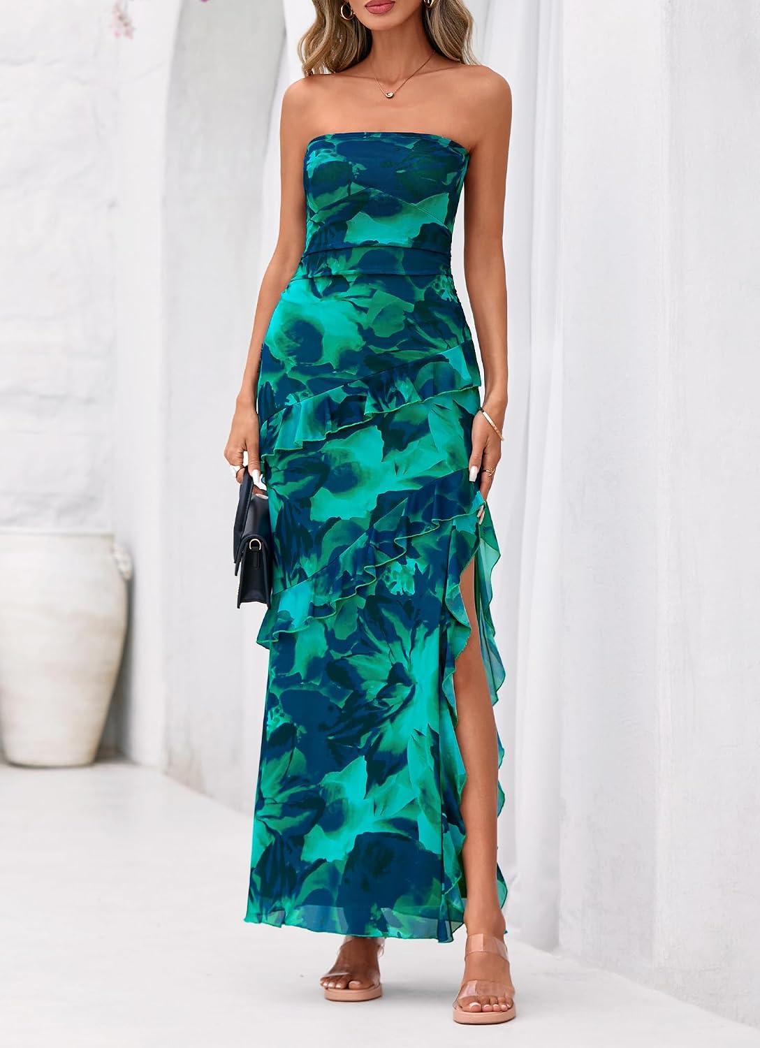 BTFBM Off The Shoulder Dresses for Women Summer 2026 Strapless Ruffle Slit Formal Wedding Guest Dress Cocktail Party