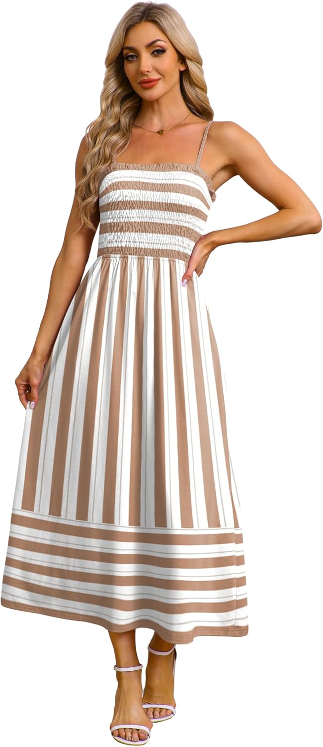 OFEEFAN Womens Spaghetti Strap Maxi Dresses Smocked with Pockets 2026 Summer Spring Casual Boho Beach Long Sundresses