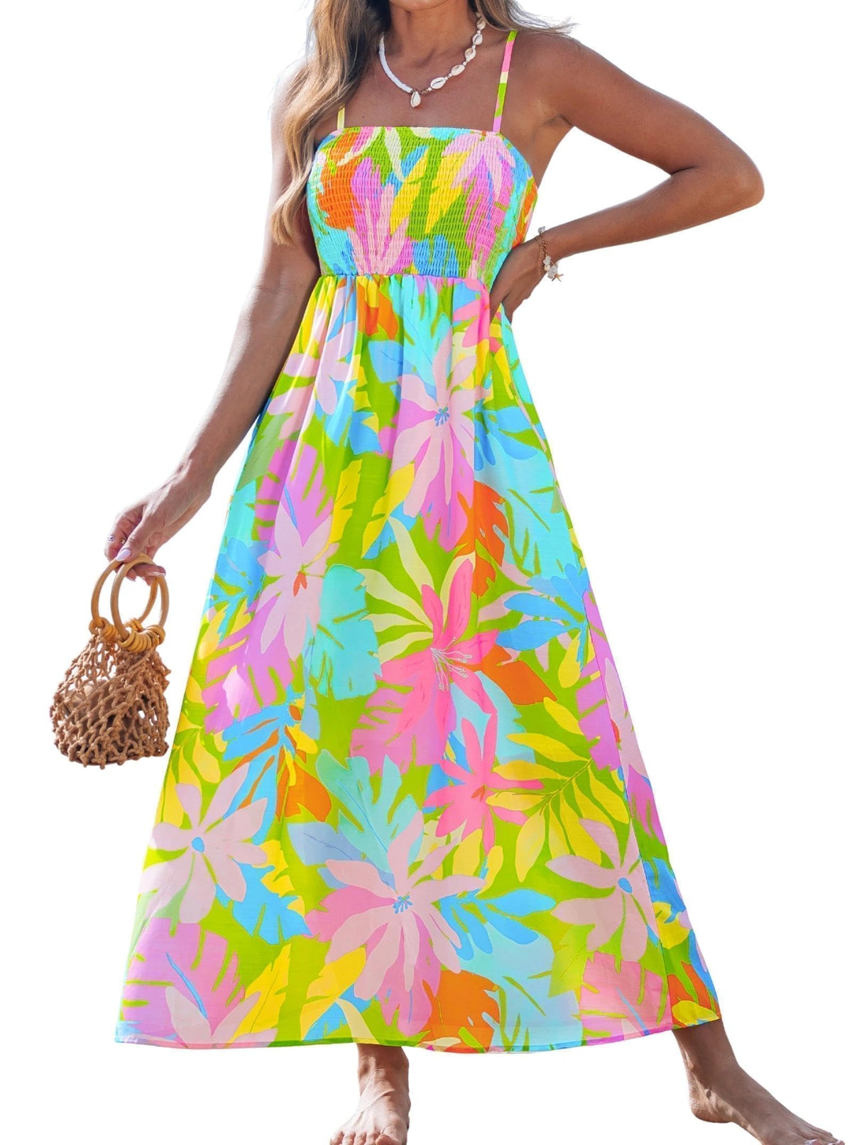 popvil Women Summer Maxi Dress 2026 Spaghetti Strap Long Beach Dress Boho A-Line Flowy Casual Sleeveless Sun Dress