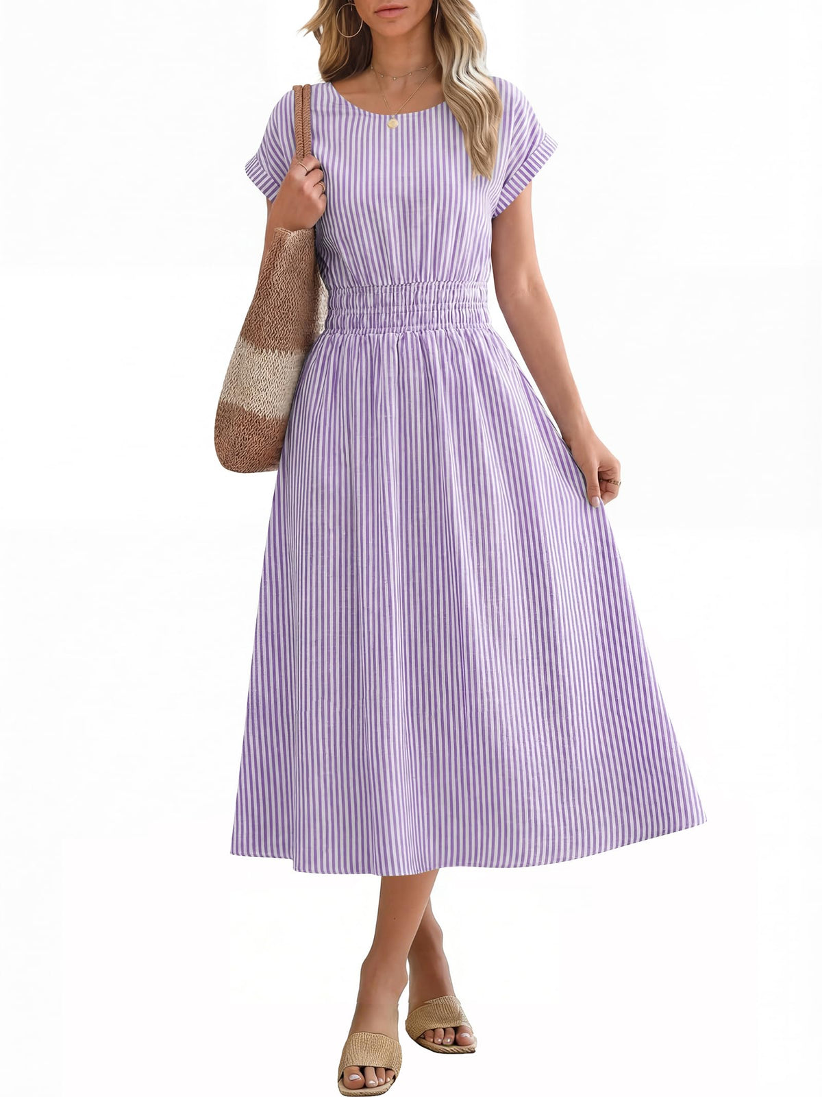 ANRABESS Womens Summer Midi Dress Striped Casual Short Sleeve Crewneck Empire Waist 2026 Flowy Long Beach Dress with Pockets