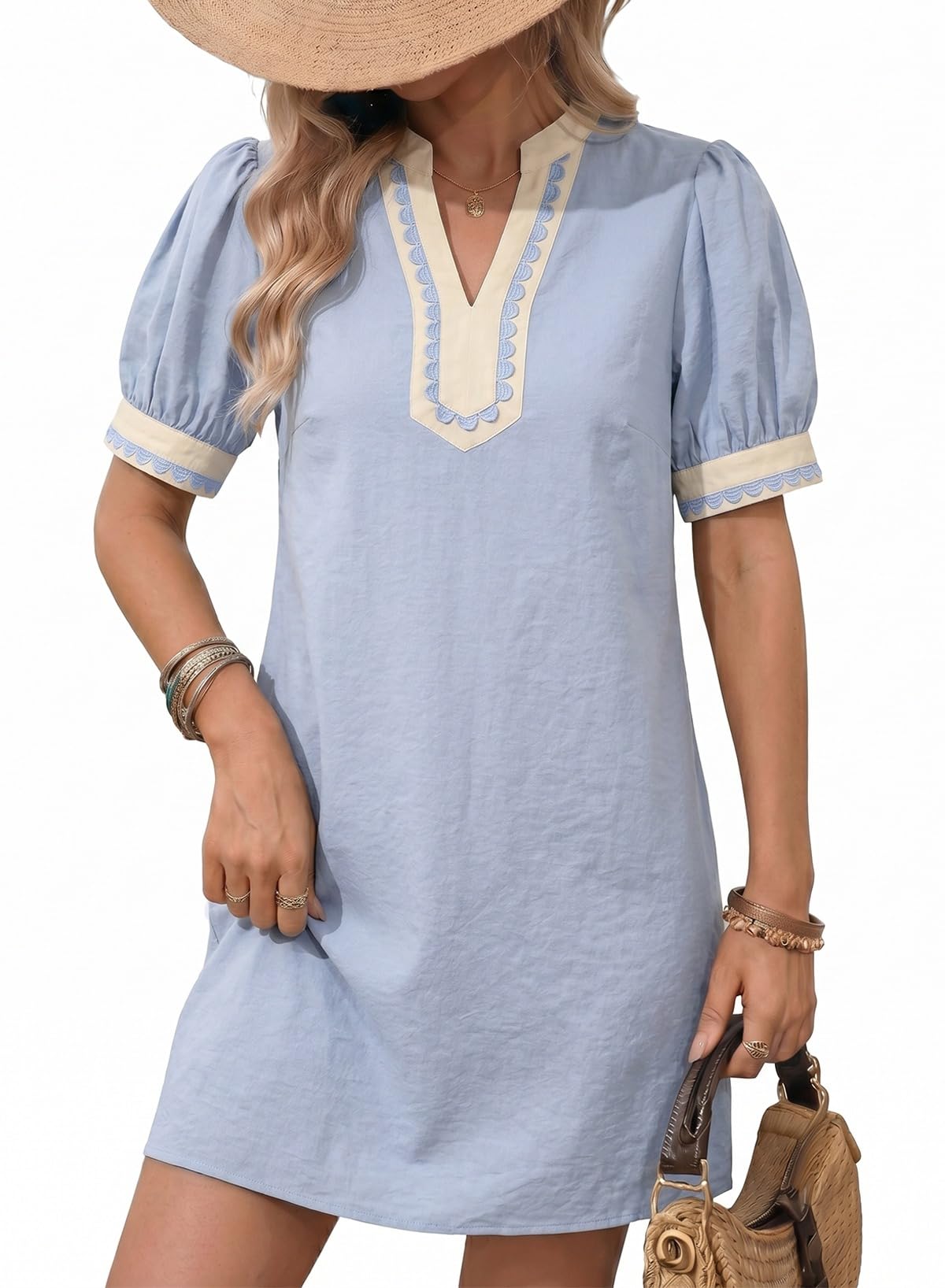 Dokotoo Summer Dresses for Women 2026 Boho Floral Puff Short Sleeve V Neck Trim Casual Mini Dress Sundress