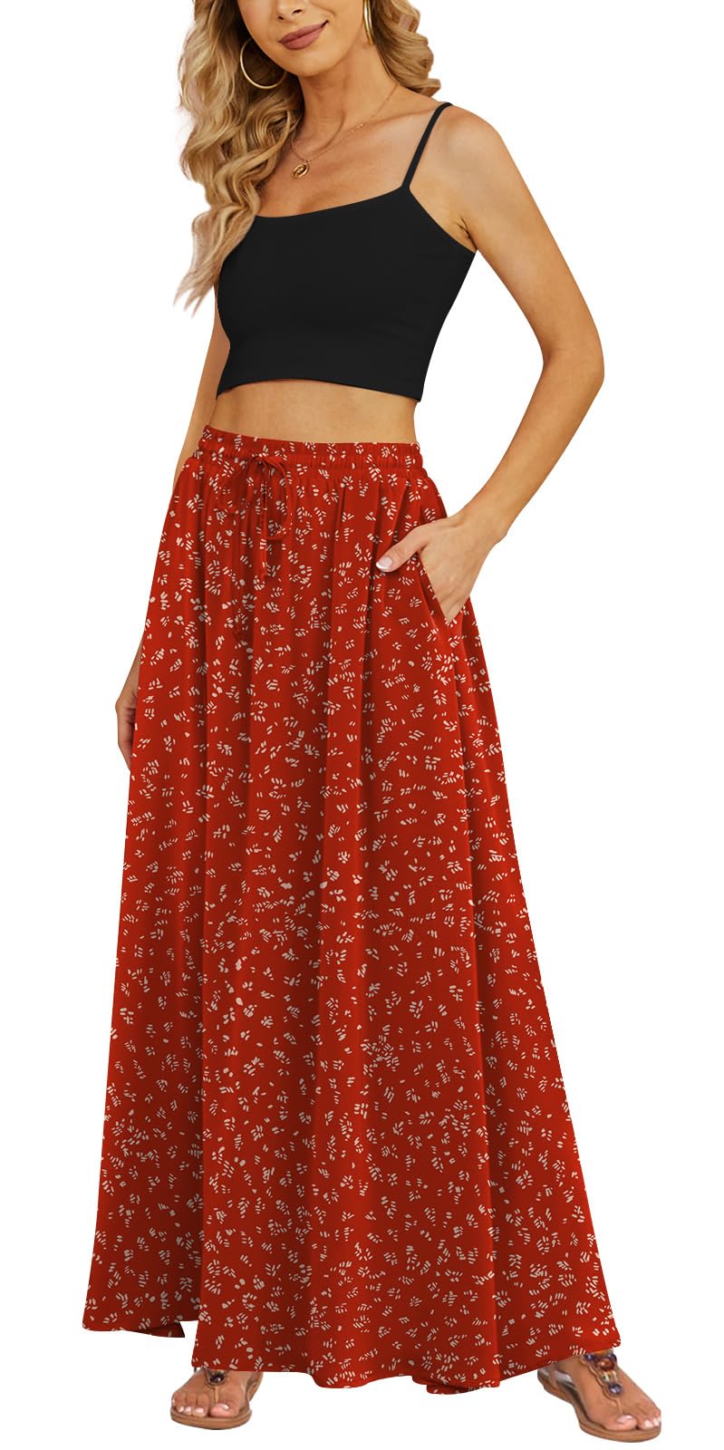 Yincro Women's Flowy Maxi Skirt Summer Pleated High Waisted Casual Long Skirts with Pockets