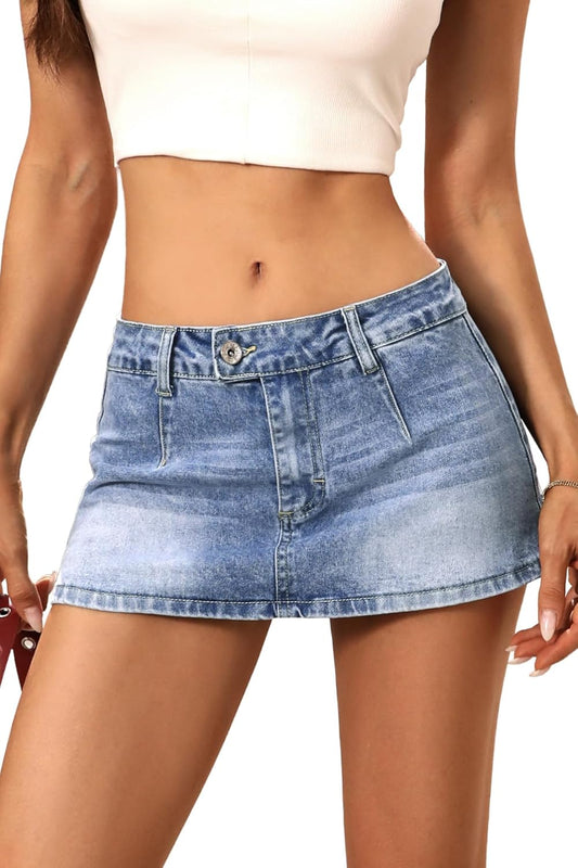 ELLEVEN Low Rise Denim Mini Skirt for Women, High Stretch Jean Skirt with Shorts Underneath Y2k Micro Skort