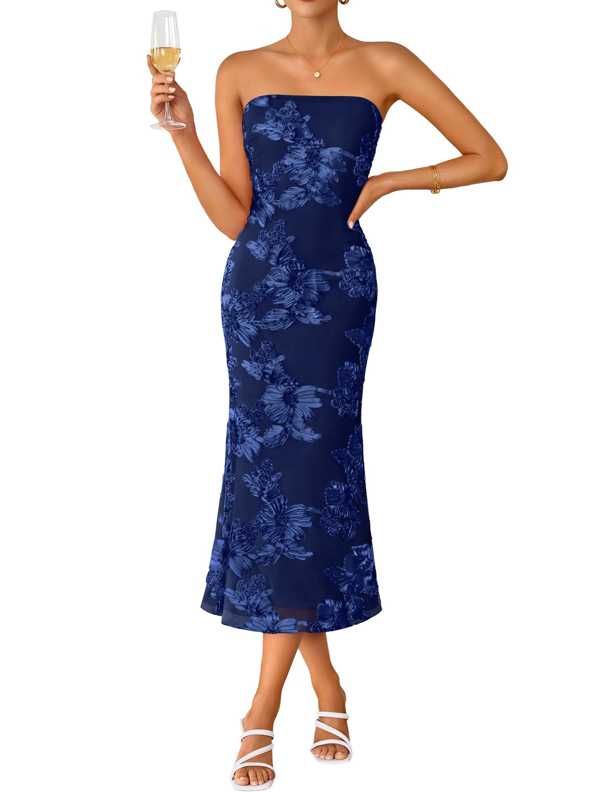 ZESICA Cocktail Wedding Guest Dresses for Women 2026 Summer Strapless Floral Bodycon Mesh Tube Formal Party Midi Dress