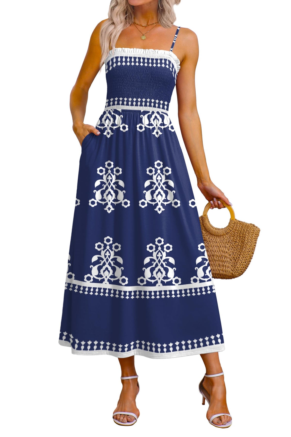 OFEEFAN Womens Spaghetti Strap Maxi Dresses Smocked with Pockets 2026 Summer Spring Casual Boho Beach Long Sundresses