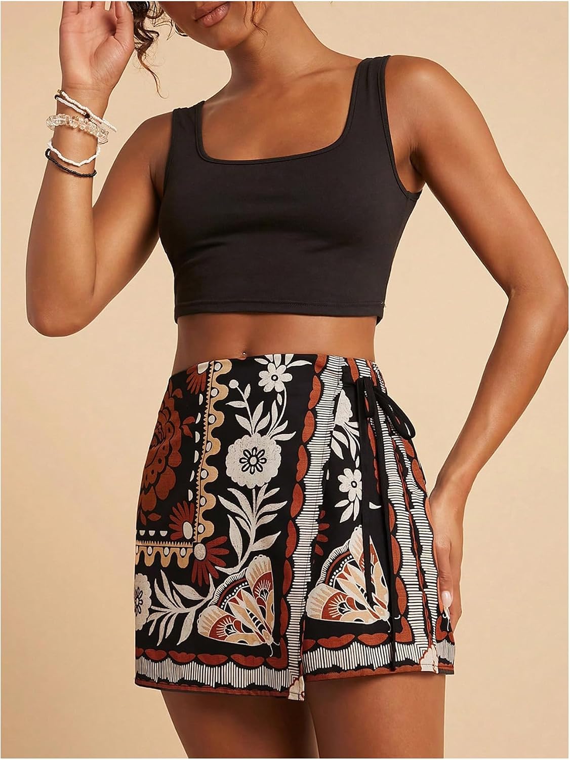 SweatyRocks Women's Boho Mini Skirts Floral Shorts Tie Side Wrap Elastic Waist Summer Skorts Beach Vacation Outfits