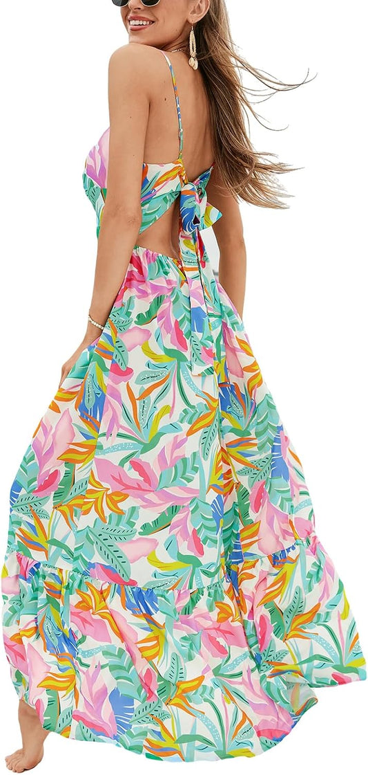 CUPSHE Women's Maxi Dress Floral Print Twisted V Neck Sleeveless Long Dress Summer Casual Dress