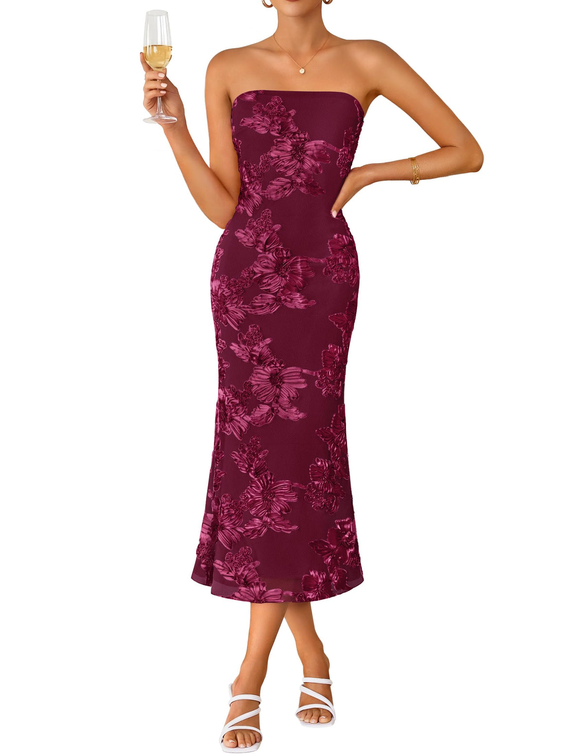 ZESICA Cocktail Wedding Guest Dresses for Women 2026 Summer Strapless Floral Bodycon Mesh Tube Formal Party Midi Dress