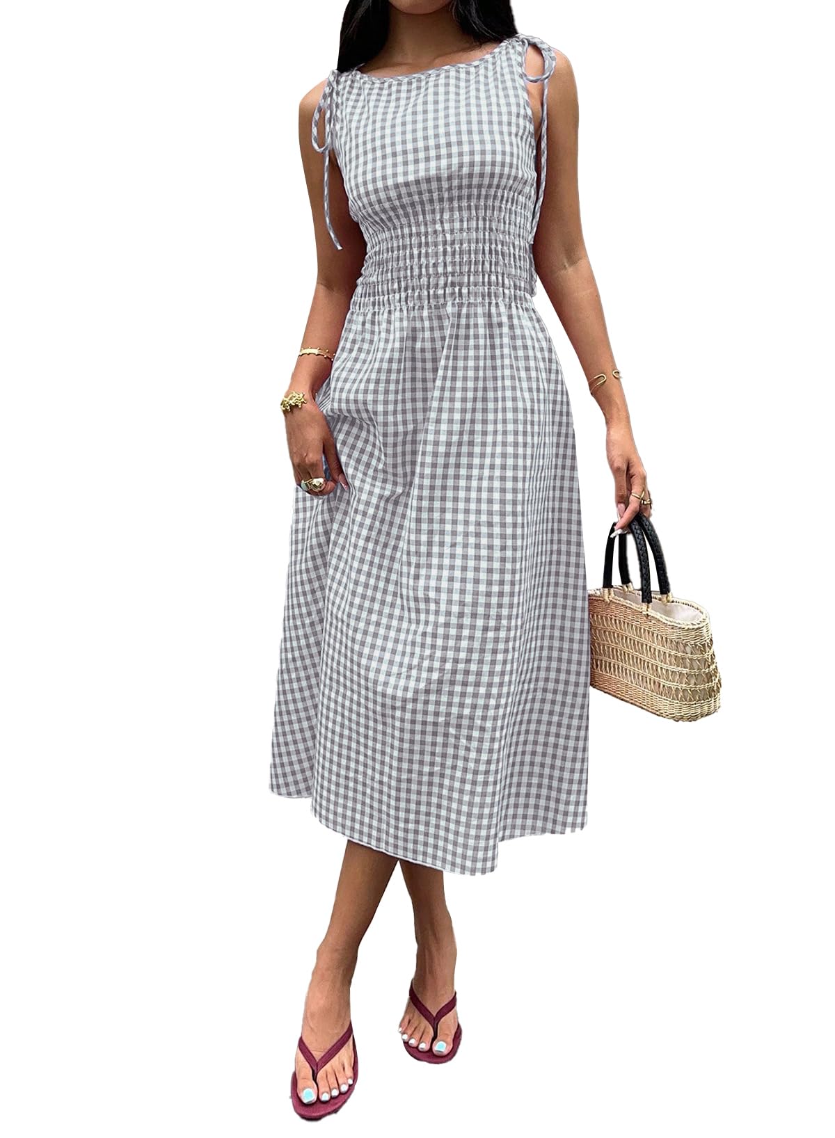 Acelitt Summer Maxi Dresses for Women 2026 Smocked Waist Gingham Dress Flowy A Line Beach Long Sundresses with Pockets