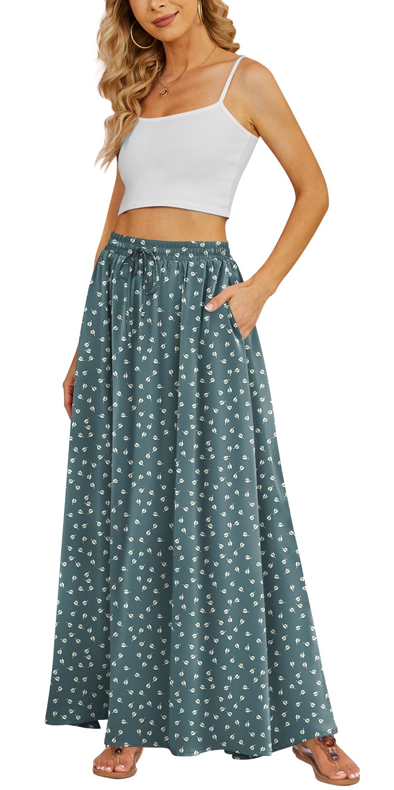 Yincro Women's Flowy Maxi Skirt Summer Pleated High Waisted Casual Long Skirts with Pockets