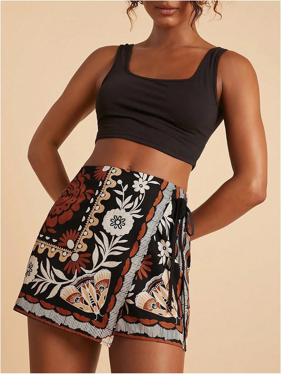 SweatyRocks Women's Boho Mini Skirts Floral Shorts Tie Side Wrap Elastic Waist Summer Skorts Beach Vacation Outfits
