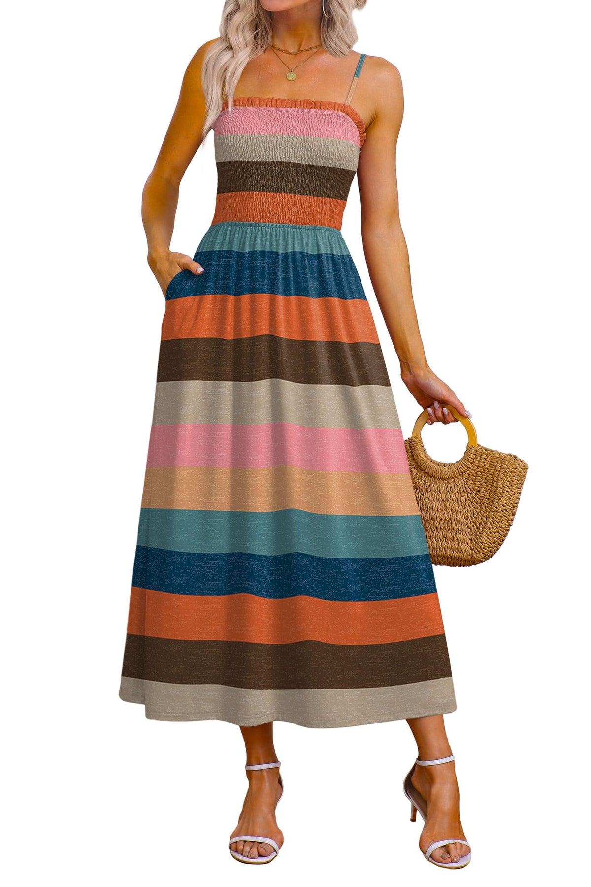 OFEEFAN Womens Spaghetti Strap Maxi Dresses Smocked with Pockets 2026 Summer Spring Casual Boho Beach Long Sundresses