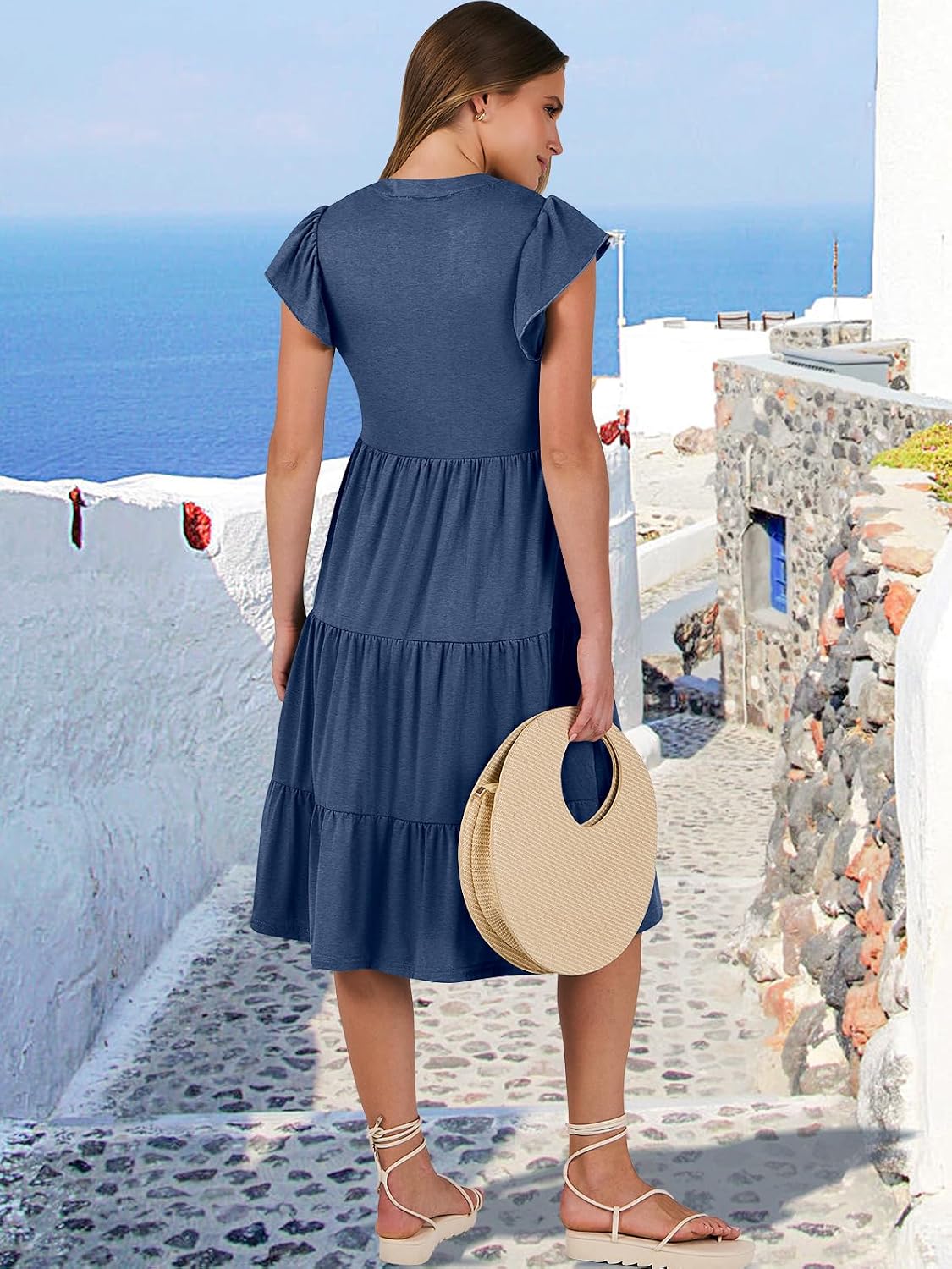 ANRABESS Womens Summer Dress Ruffle Sleeve V Neck Midi Dresses Fashion Casual Fit Flowy Tiered Boho Beach Vacation Sundress
