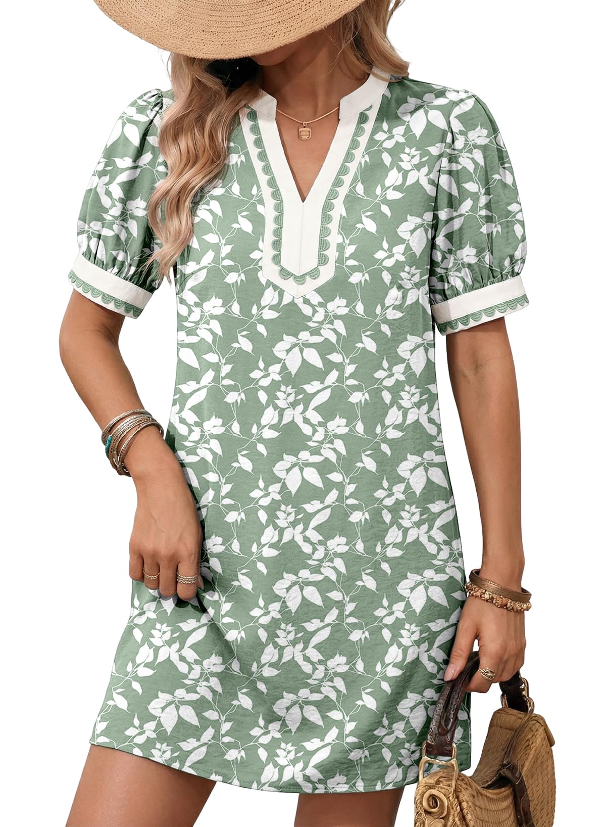 Dokotoo Summer Dresses for Women 2026 Boho Floral Puff Short Sleeve V Neck Trim Casual Mini Dress Sundress