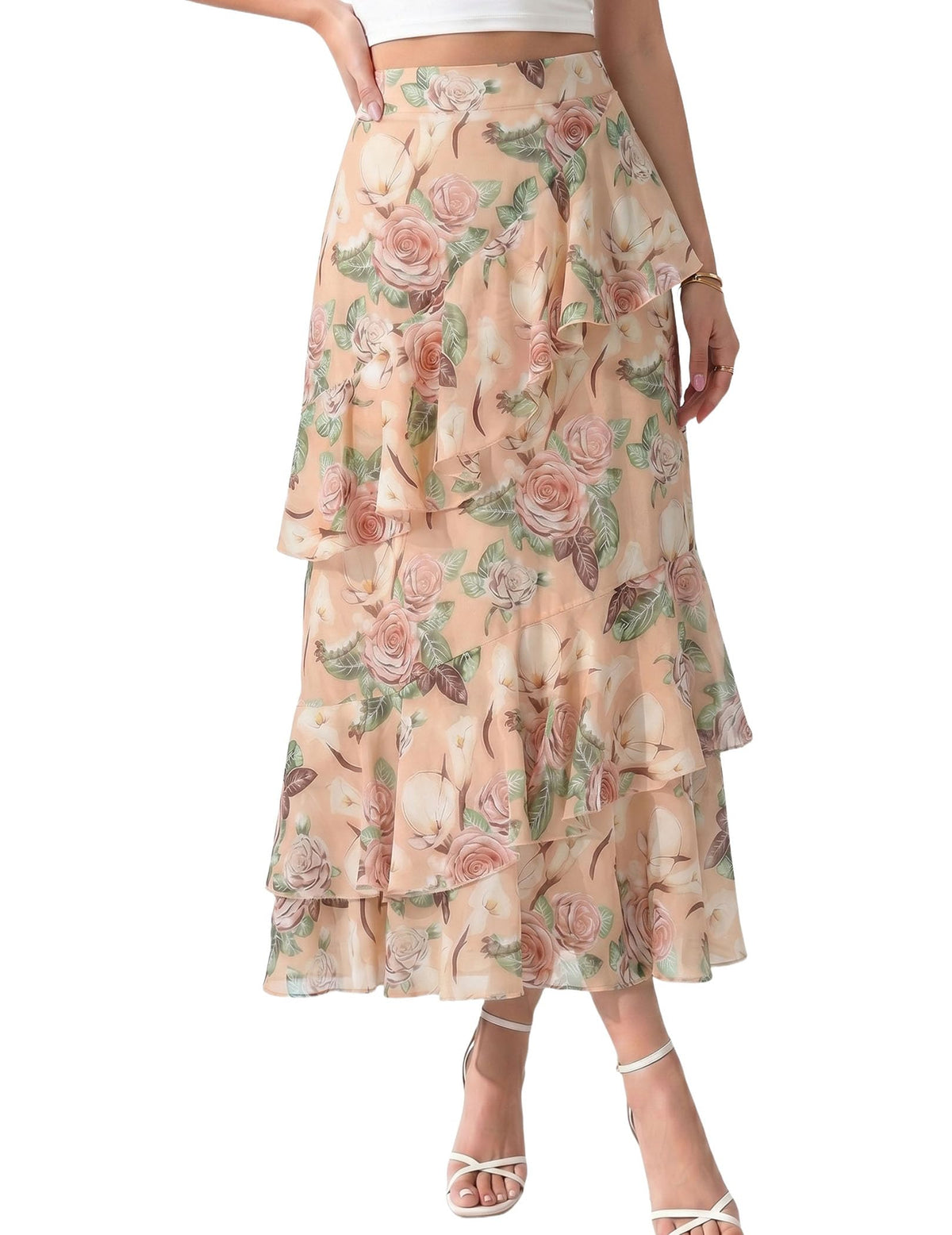 DERAX Women's Boho Flowy White Maxi Skirt Flared Ruffle Elastic Waist Summer A Line 2026 Spring Long Skirts