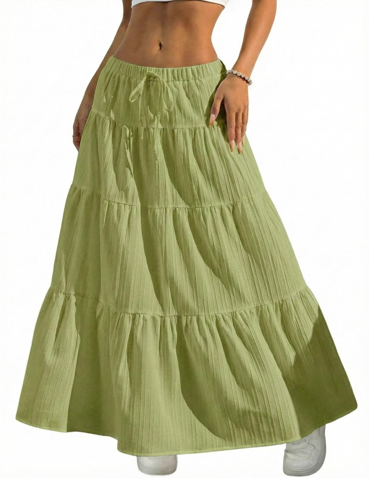 DERAX Women's Boho Flowy White Maxi Skirt Flared Ruffle Elastic Waist Summer A Line 2026 Spring Long Skirts