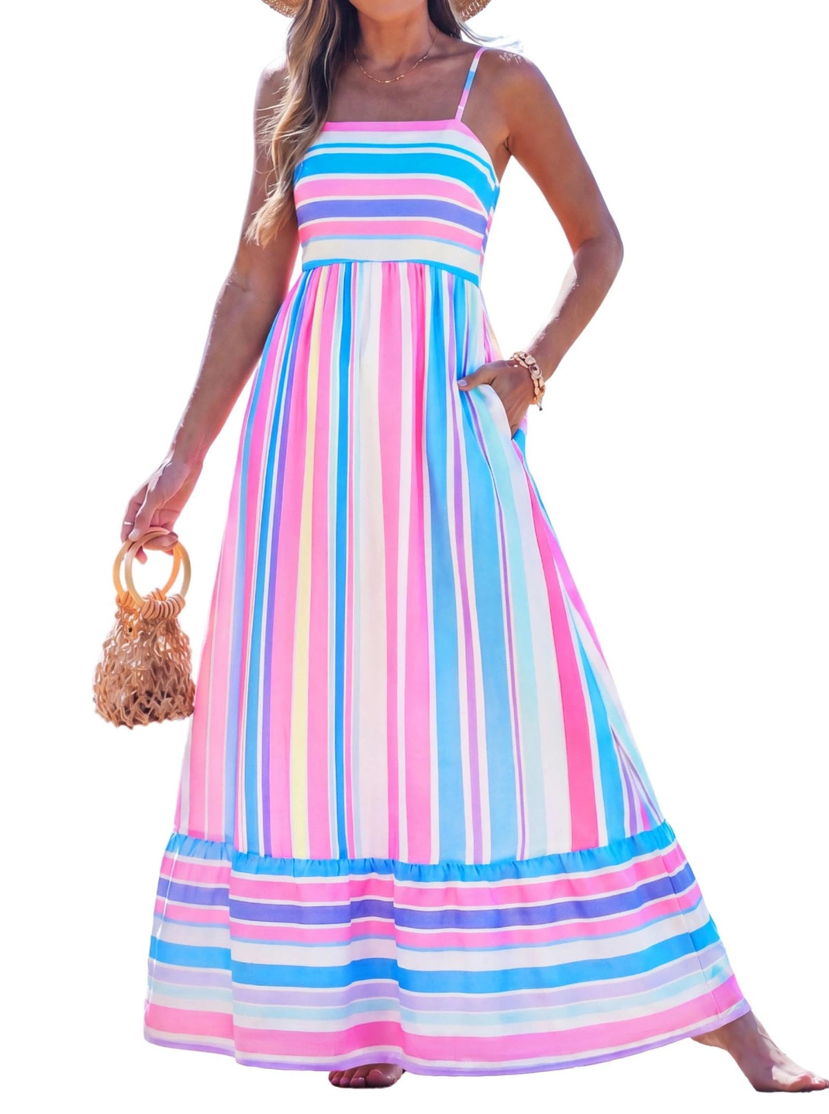popvil Women Summer Maxi Dress 2026 Spaghetti Strap Long Beach Dress Boho A-Line Flowy Casual Sleeveless Sun Dress