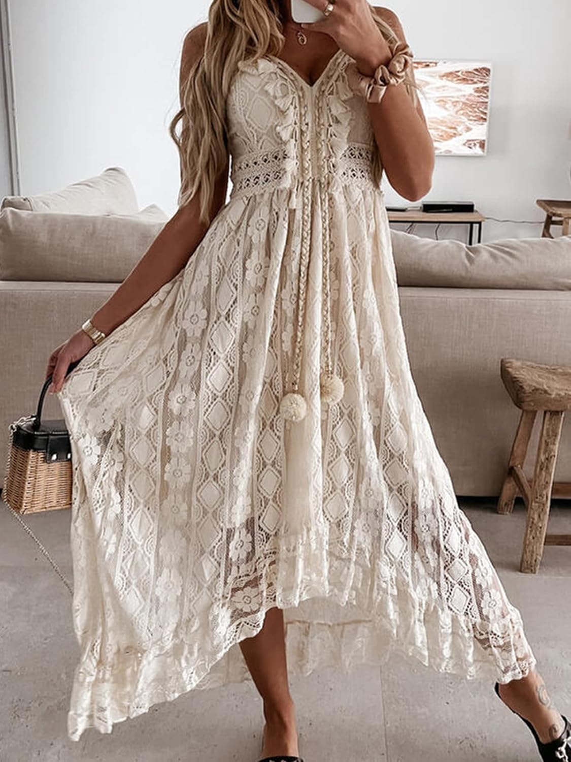 CUPSHE Maxi Summer Dress for Women Lace V Neck Sleeveless Sundress Boho Crochet Tassel Flowy Beach Vacation Graduation Dress