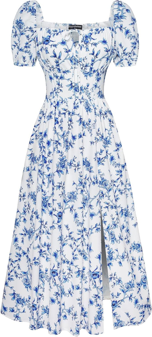 Scarlet Darkness Women's Floral Corset Dress with Split 2026 Summer Spring Square Neck Midi Milkmaid Dresses