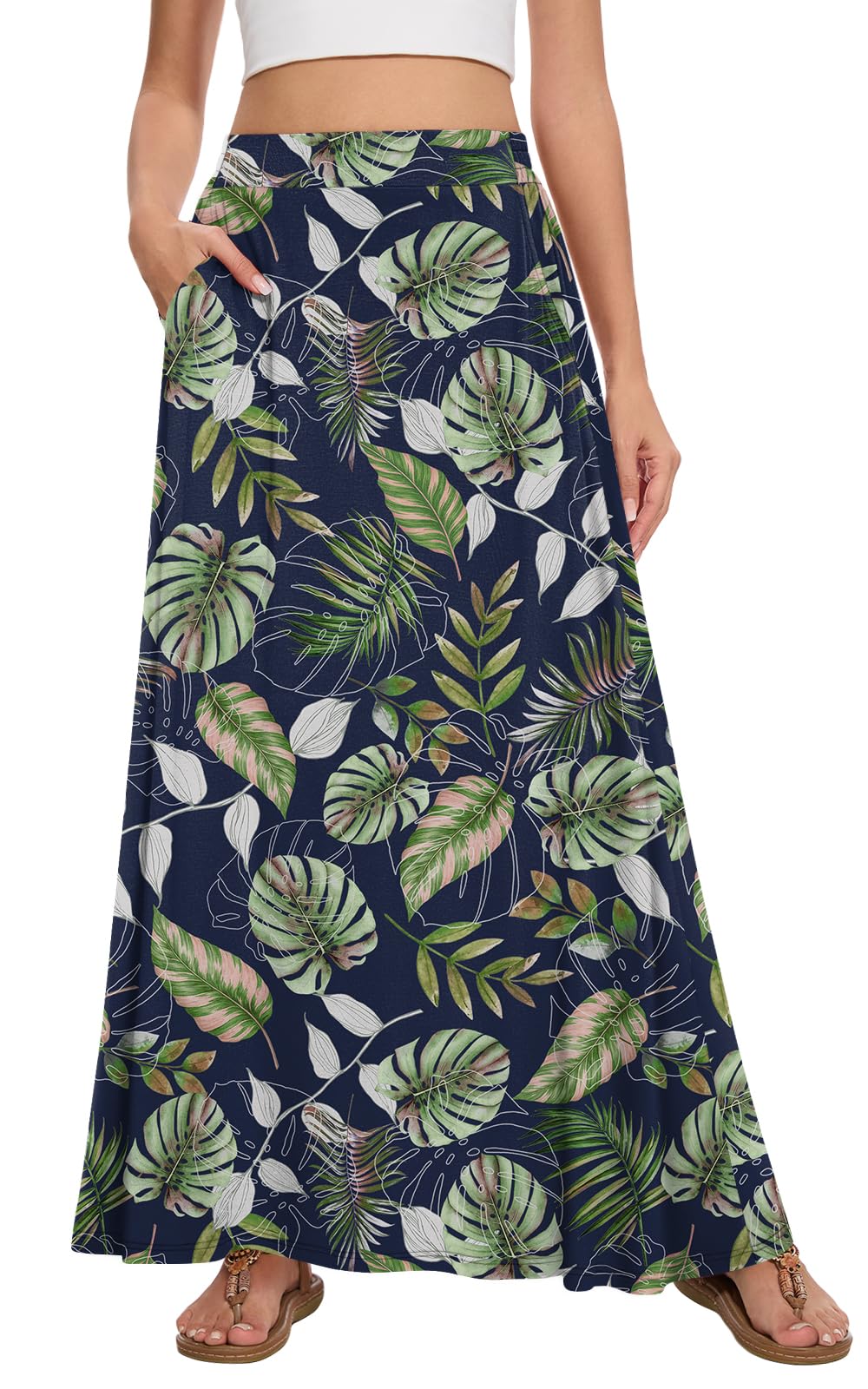 Womens Maxi A-line Long Skirt Casual 2026 Elastic High Waist Flowy Skirts with Pockets