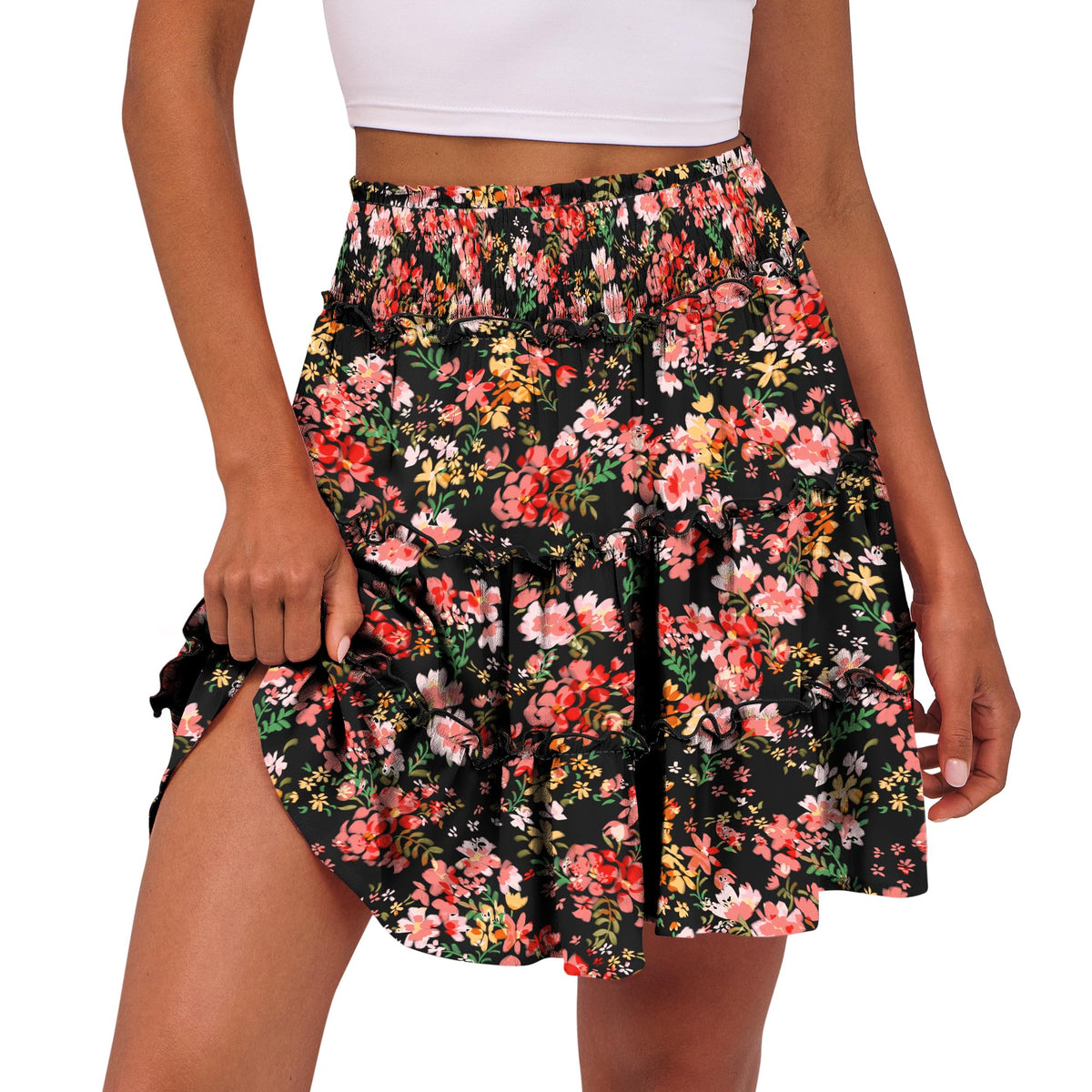 Caracilia Womens Summer Flowy Mini Skorts Skirts High Waist Ruffle Tiered Casual Cute Boho Beach Short Skirts Built-in Shorts