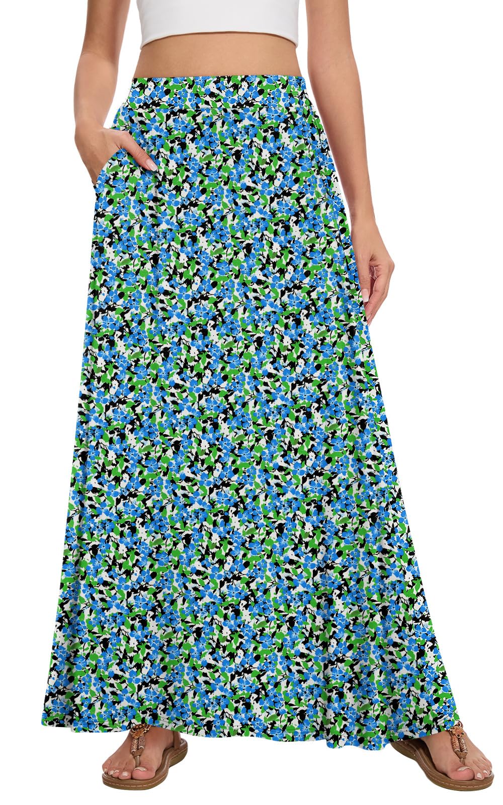 Womens Maxi A-line Long Skirt Casual 2026 Elastic High Waist Flowy Skirts with Pockets