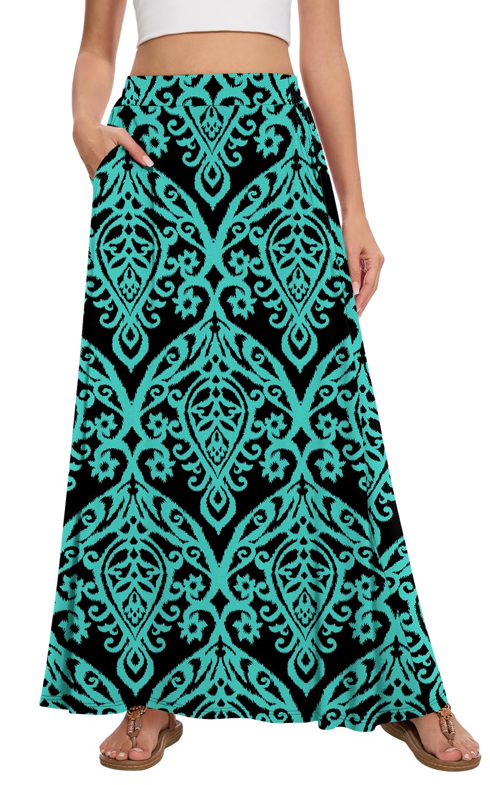 Womens Maxi A-line Long Skirt Casual 2026 Elastic High Waist Flowy Skirts with Pockets