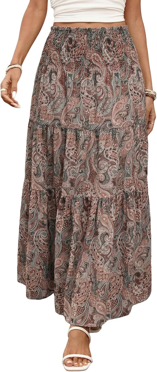 ZAFUL Women’s Summer Boho Maxi Skirts Bohemian Print Smocked High Wasited Flowy Tiered Ruffle Long Beach Skirt