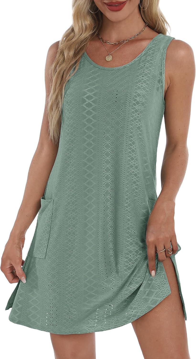BKRIVE Coverup Summer Dresses for Women 2026 Eyelet Casual Loose Sleeveless Sundresses Tank Dresses with Pockets