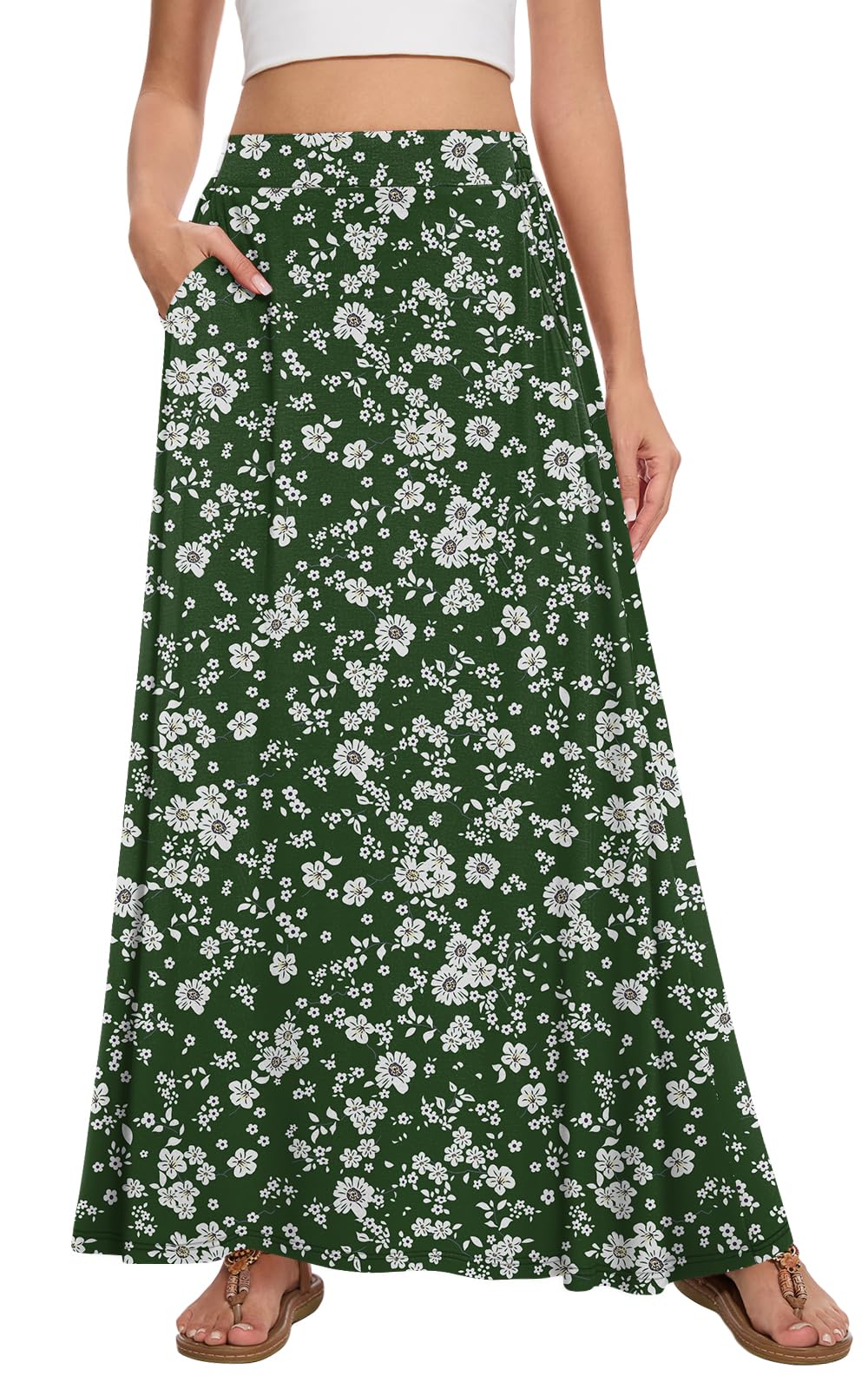 Womens Maxi A-line Long Skirt Casual 2026 Elastic High Waist Flowy Skirts with Pockets