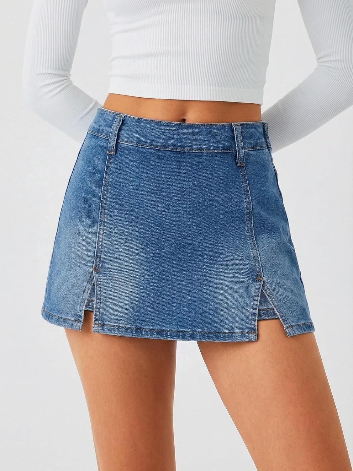 EMMIOL Denim Mini Skirt for Women - Mid Waisted Stretch Side Zipper Skort Y2k Casual Jean Skirts with Shorts Underneath