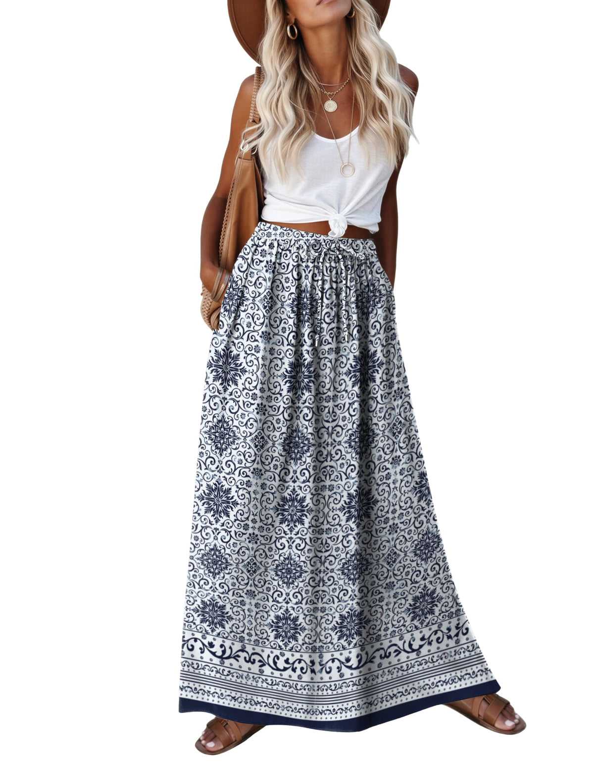 Zeagoo Women's 2026 Boho Floral Skirt Casual Elastic High Waist Maxi Skirts Flowy A Line Beach Long Skirt with Side Pockets