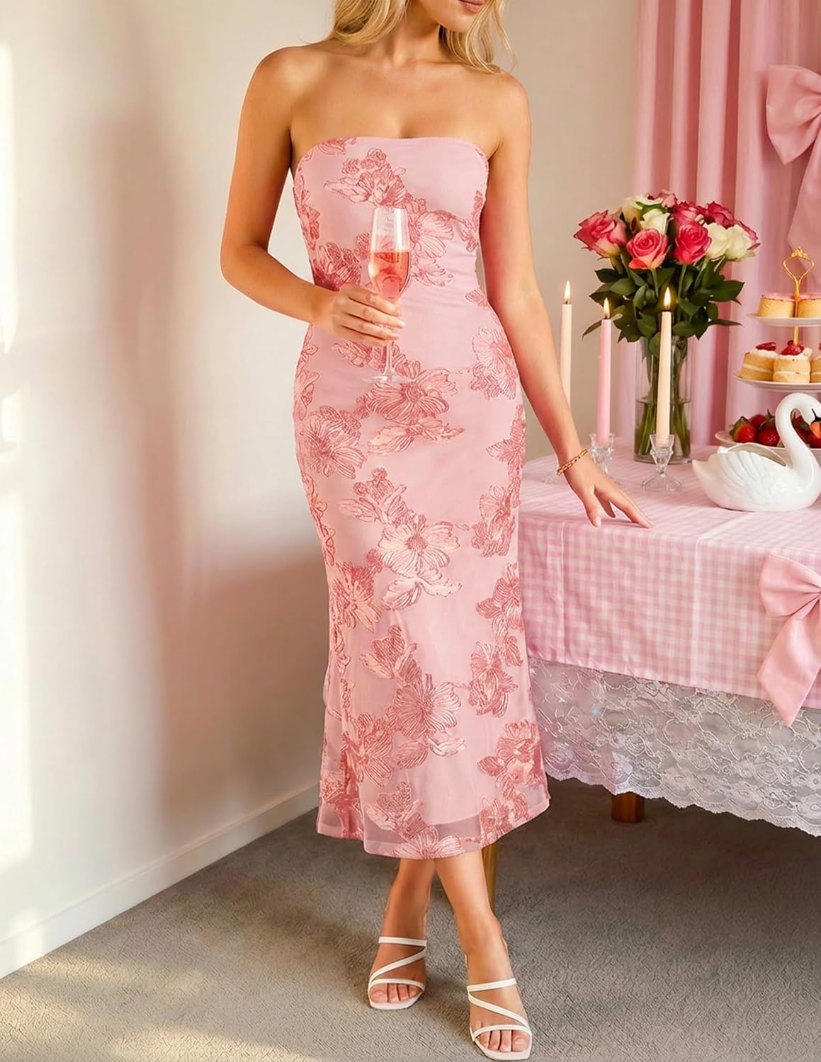 ZESICA Cocktail Wedding Guest Dresses for Women 2026 Summer Strapless Floral Bodycon Mesh Tube Formal Party Midi Dress