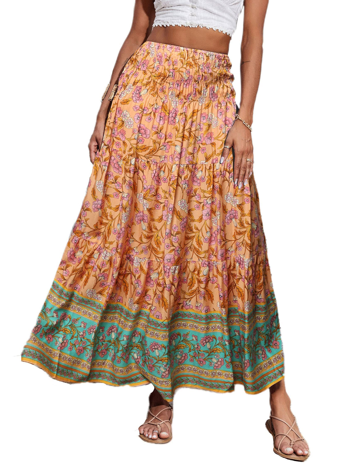CFLONGE Summer Maxi Skirts for Women 2026 Fashion Boho Long Skirt Trendy Floral High Waist A Line Beach Skirt Vacation Outfit