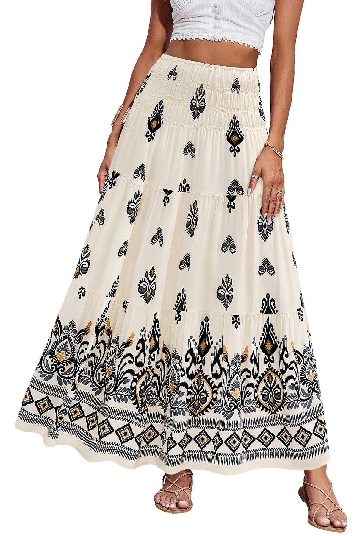 CFLONGE Summer Maxi Skirts for Women 2026 Fashion Boho Long Skirt Trendy Floral High Waist A Line Beach Skirt Vacation Outfit