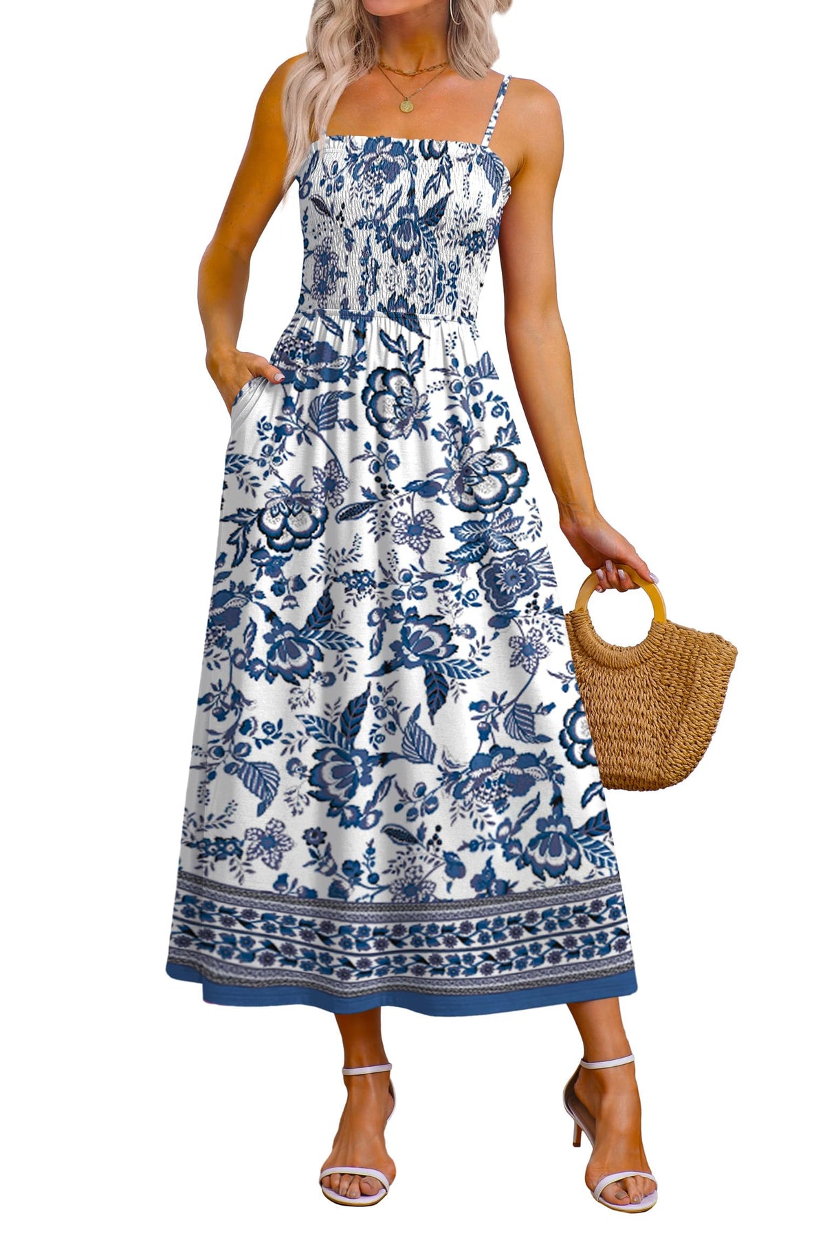 OFEEFAN Womens Spaghetti Strap Maxi Dresses Smocked with Pockets 2026 Summer Spring Casual Boho Beach Long Sundresses