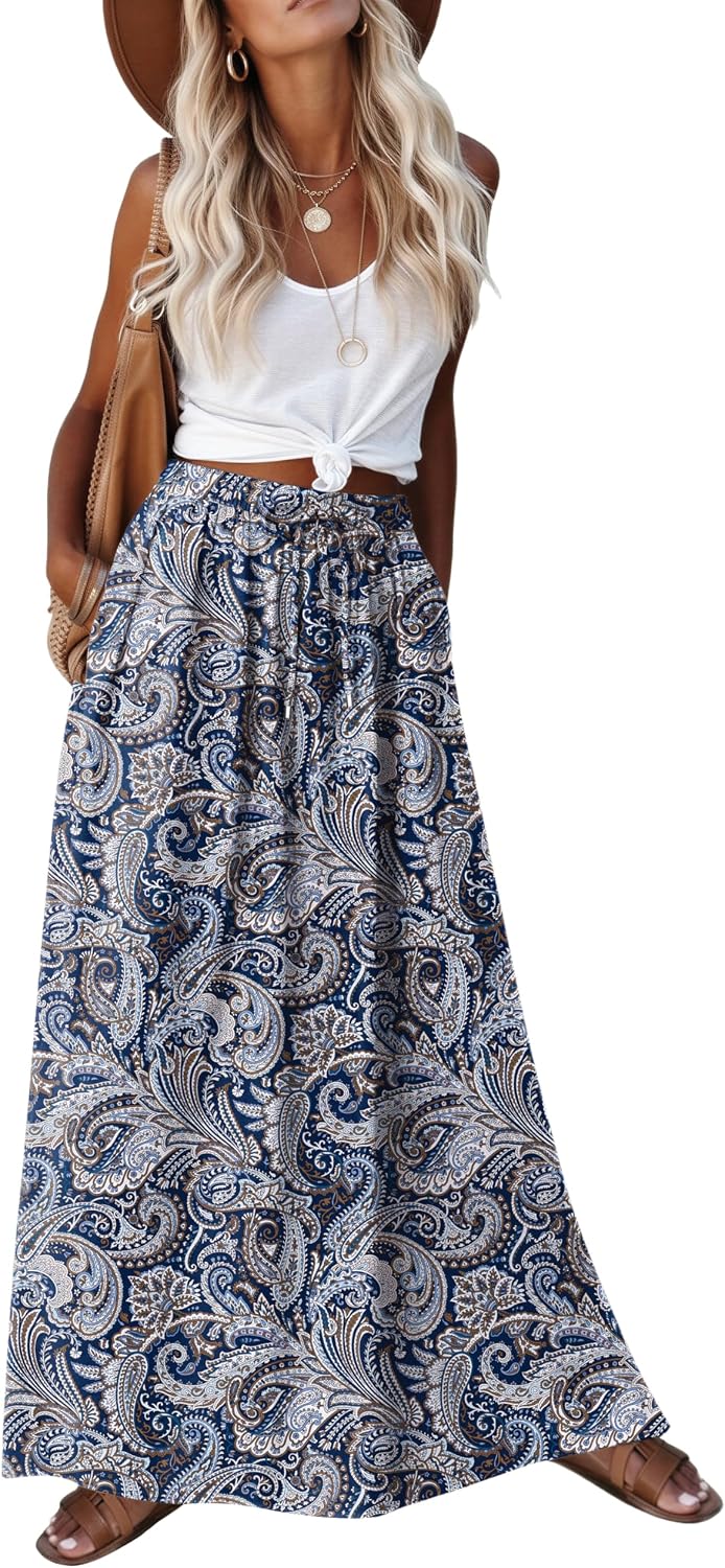 Zeagoo Women's 2026 Boho Floral Skirt Casual Elastic High Waist Maxi Skirts Flowy A Line Beach Long Skirt with Side Pockets