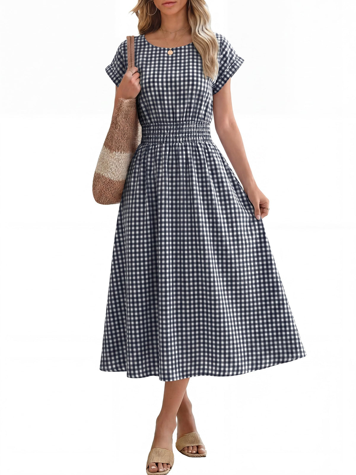 ANRABESS Womens Summer Midi Dress Striped Casual Short Sleeve Crewneck Empire Waist 2026 Flowy Long Beach Dress with Pockets