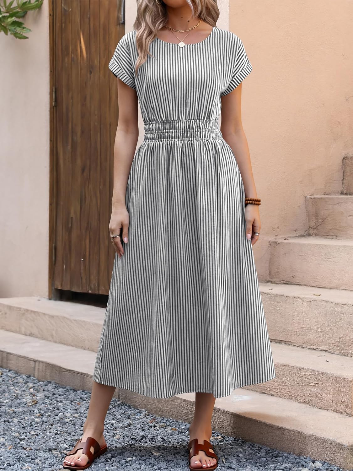 ANRABESS Womens Summer Midi Dress Striped Casual Short Sleeve Crewneck Empire Waist 2026 Flowy Long Beach Dress with Pockets