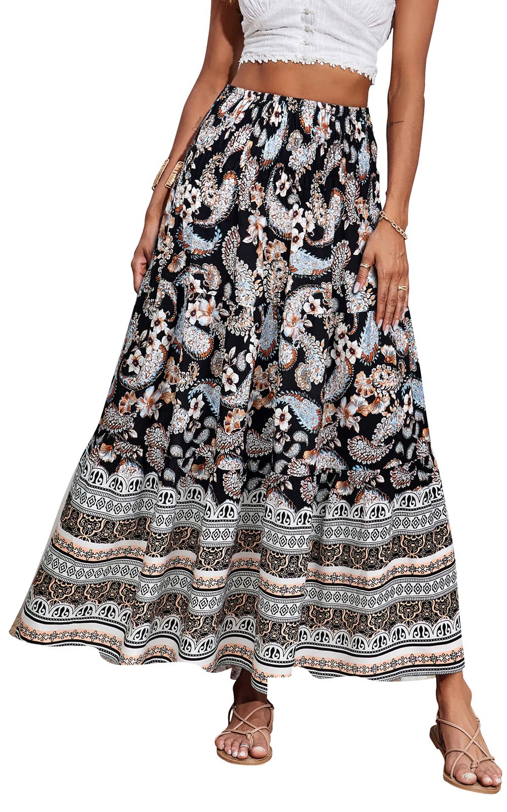 CFLONGE Summer Maxi Skirts for Women 2026 Fashion Boho Long Skirt Trendy Floral High Waist A Line Beach Skirt Vacation Outfit