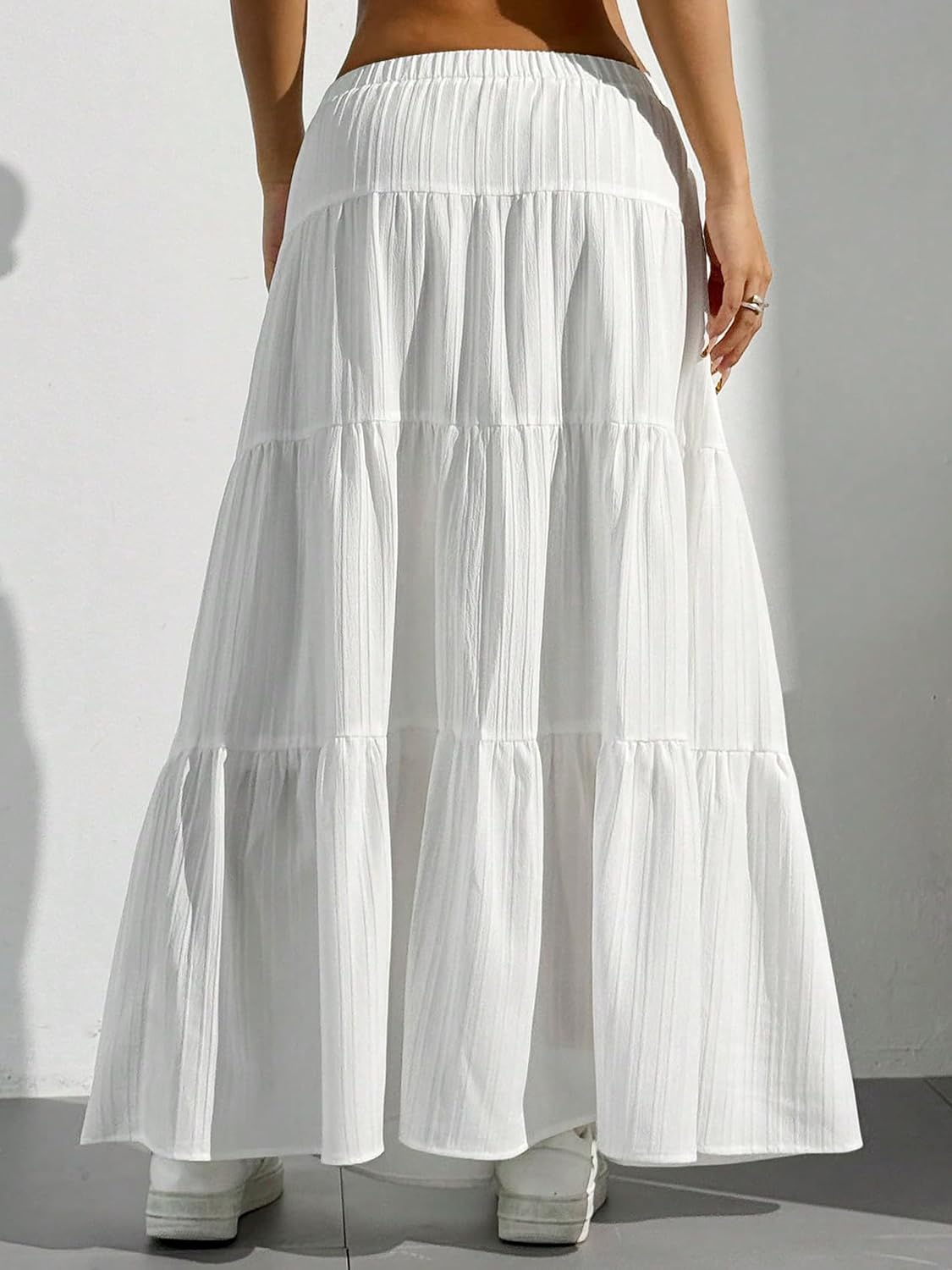 DERAX Women's Boho Flowy White Maxi Skirt Flared Ruffle Elastic Waist Summer A Line 2026 Spring Long Skirts