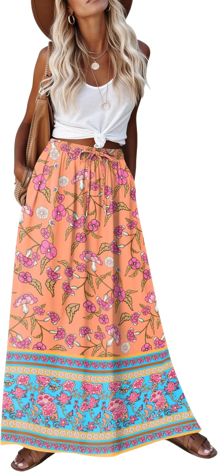 Zeagoo Women's 2026 Boho Floral Skirt Casual Elastic High Waist Maxi Skirts Flowy A Line Beach Long Skirt with Side Pockets