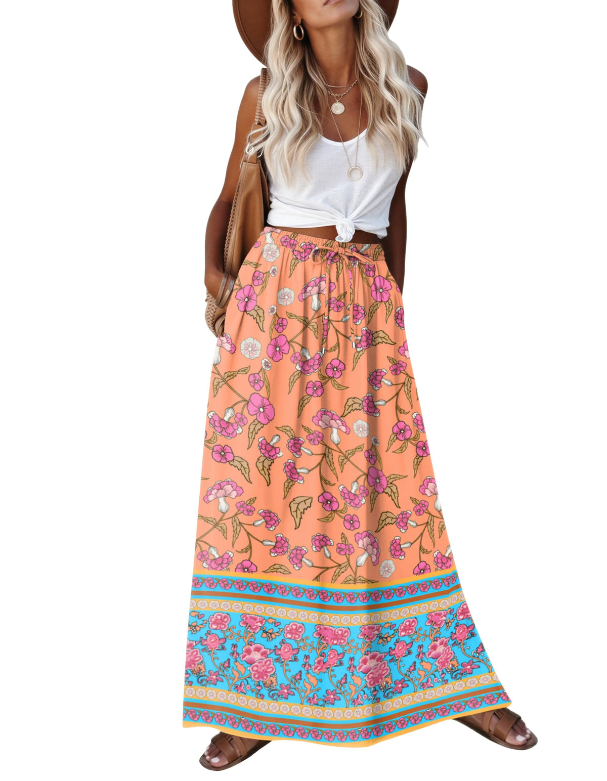 Zeagoo Women's 2026 Boho Floral Skirt Casual Elastic High Waist Maxi Skirts Flowy A Line Beach Long Skirt with Side Pockets