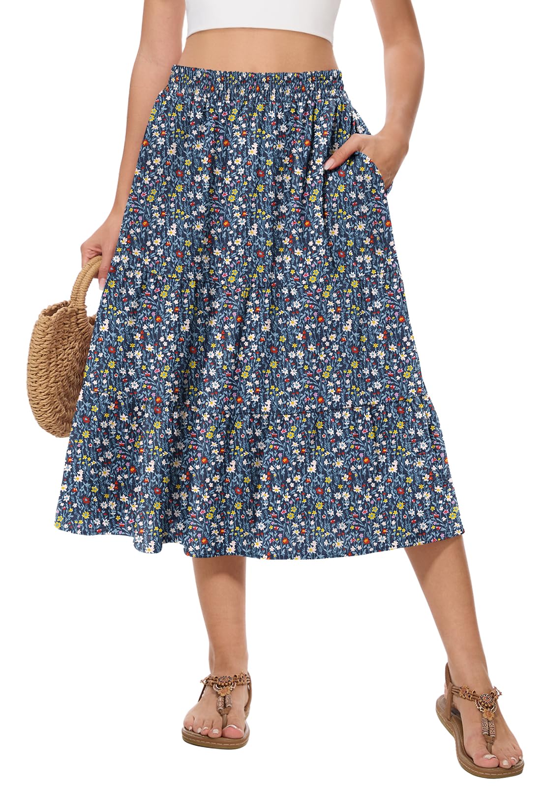Women's Summer Midi Skirt High Elastic Waist Flowy Ruffle Casual Boho A-Line Skirts with Pockets